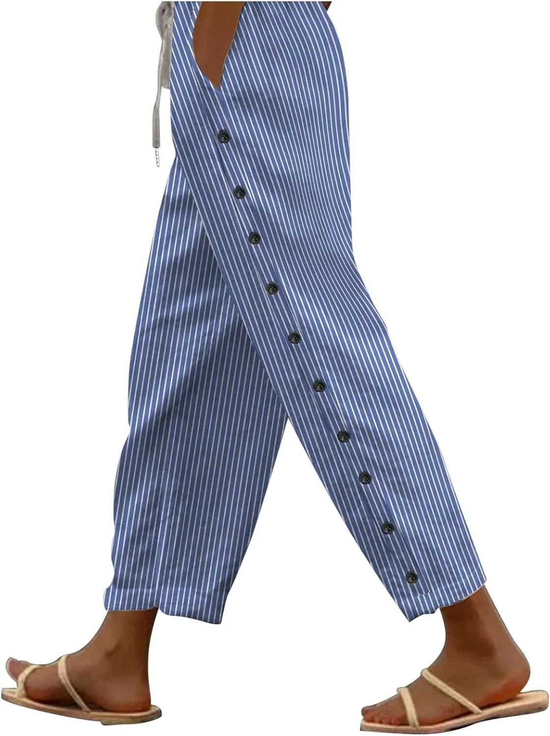 Womens Linen Pants Petite Length High Waisted Drawstring Summer Casual Beach Vacation Capri Pants with Pockets