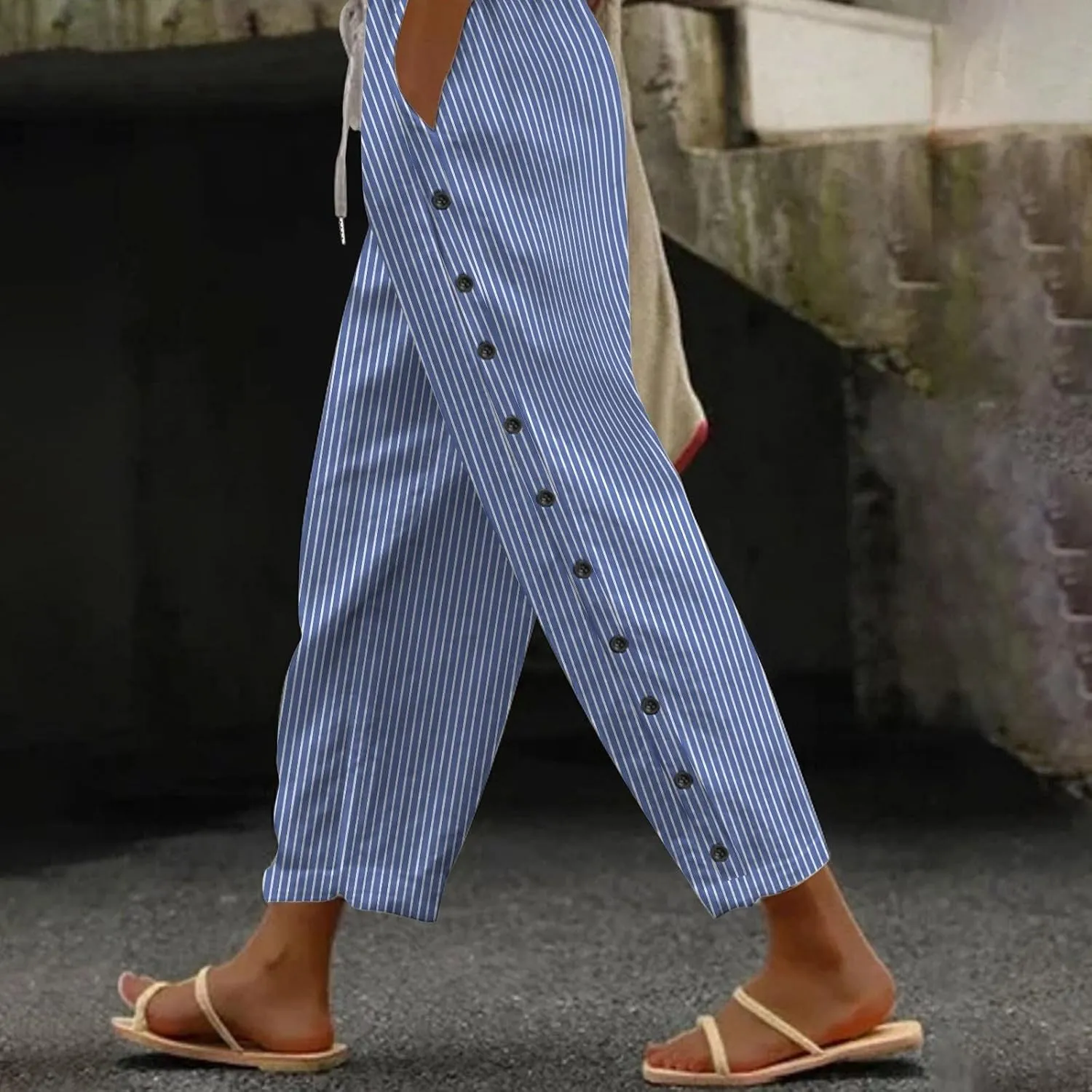 Womens Linen Pants Petite Length High Waisted Drawstring Summer Casual Beach Vacation Capri Pants with Pockets