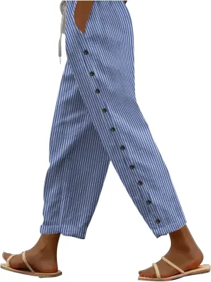 Womens Linen Pants Petite Length High Waisted Drawstring Summer Casual Beach Vacation Capri Pants with Pockets