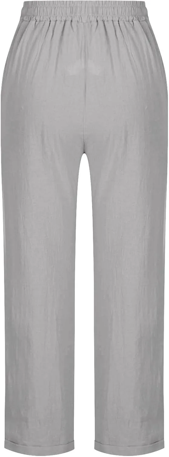 Women's Linen Pants Summer Cropped Pants Lightweight Straight Slacks Elastic Waist Casual Pant Trousers with Pockets