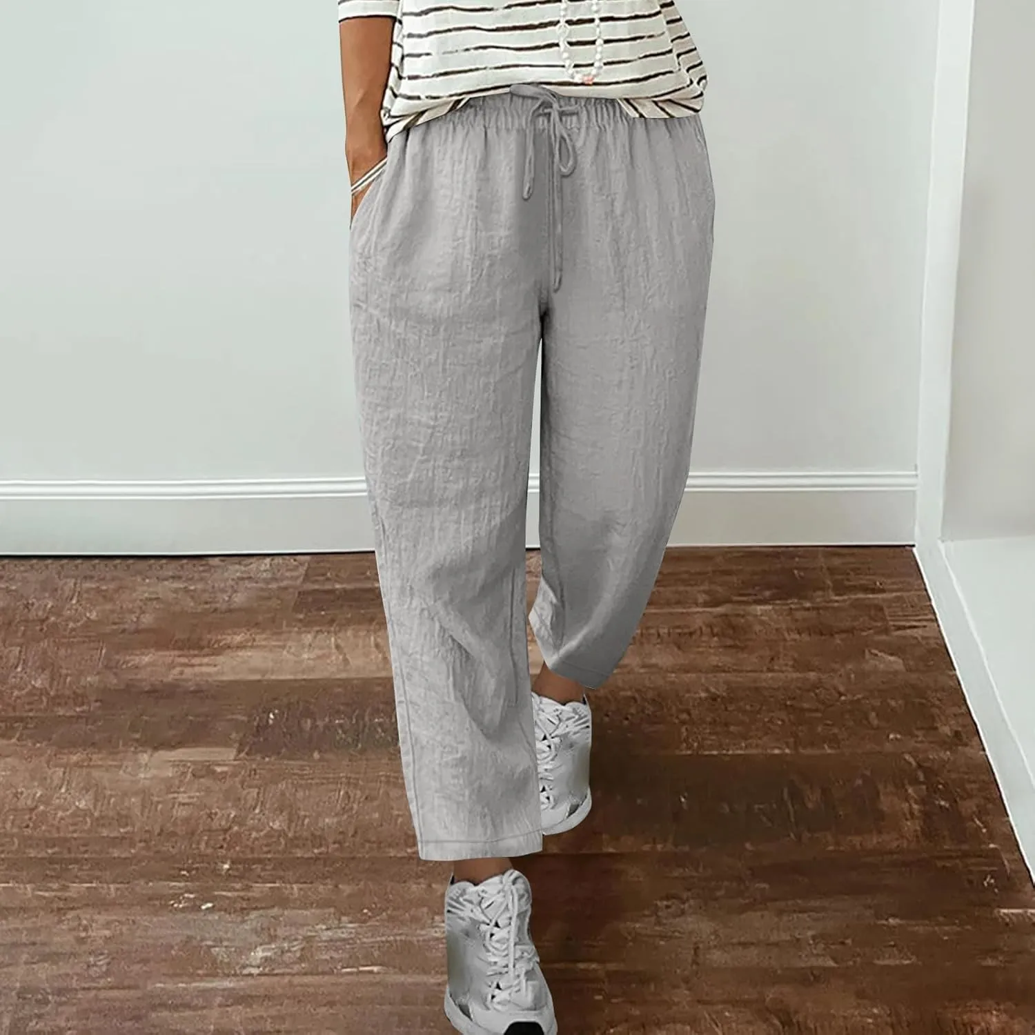 Women's Linen Pants Summer Cropped Pants Lightweight Straight Slacks Elastic Waist Casual Pant Trousers with Pockets