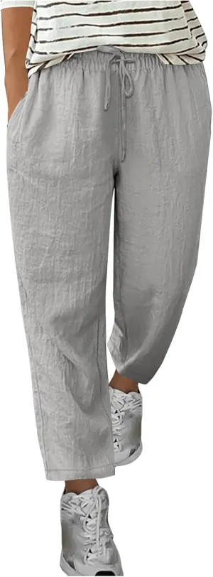 Women's Linen Pants Summer Cropped Pants Lightweight Straight Slacks Elastic Waist Casual Pant Trousers with Pockets
