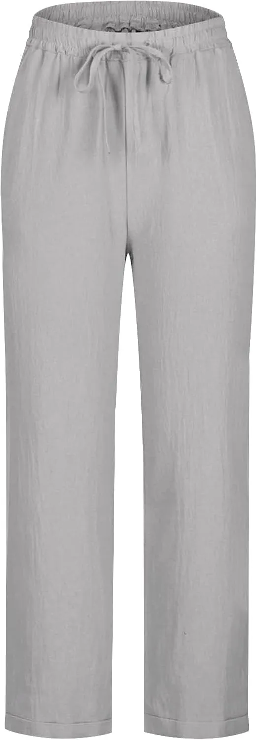 Women's Linen Pants Summer Cropped Pants Lightweight Straight Slacks Elastic Waist Casual Pant Trousers with Pockets