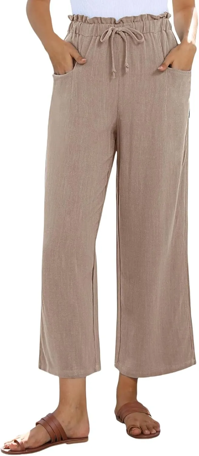 Womens Linen Pants Summer Wide Leg Capri High Waist Drawstring Palazzo Cropped Beach Boho Flowy Trousers with Pockets