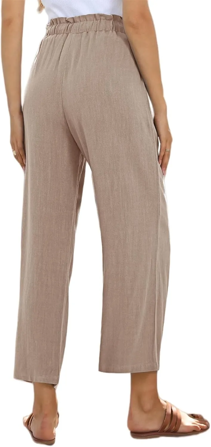 Womens Linen Pants Summer Wide Leg Capri High Waist Drawstring Palazzo Cropped Beach Boho Flowy Trousers with Pockets