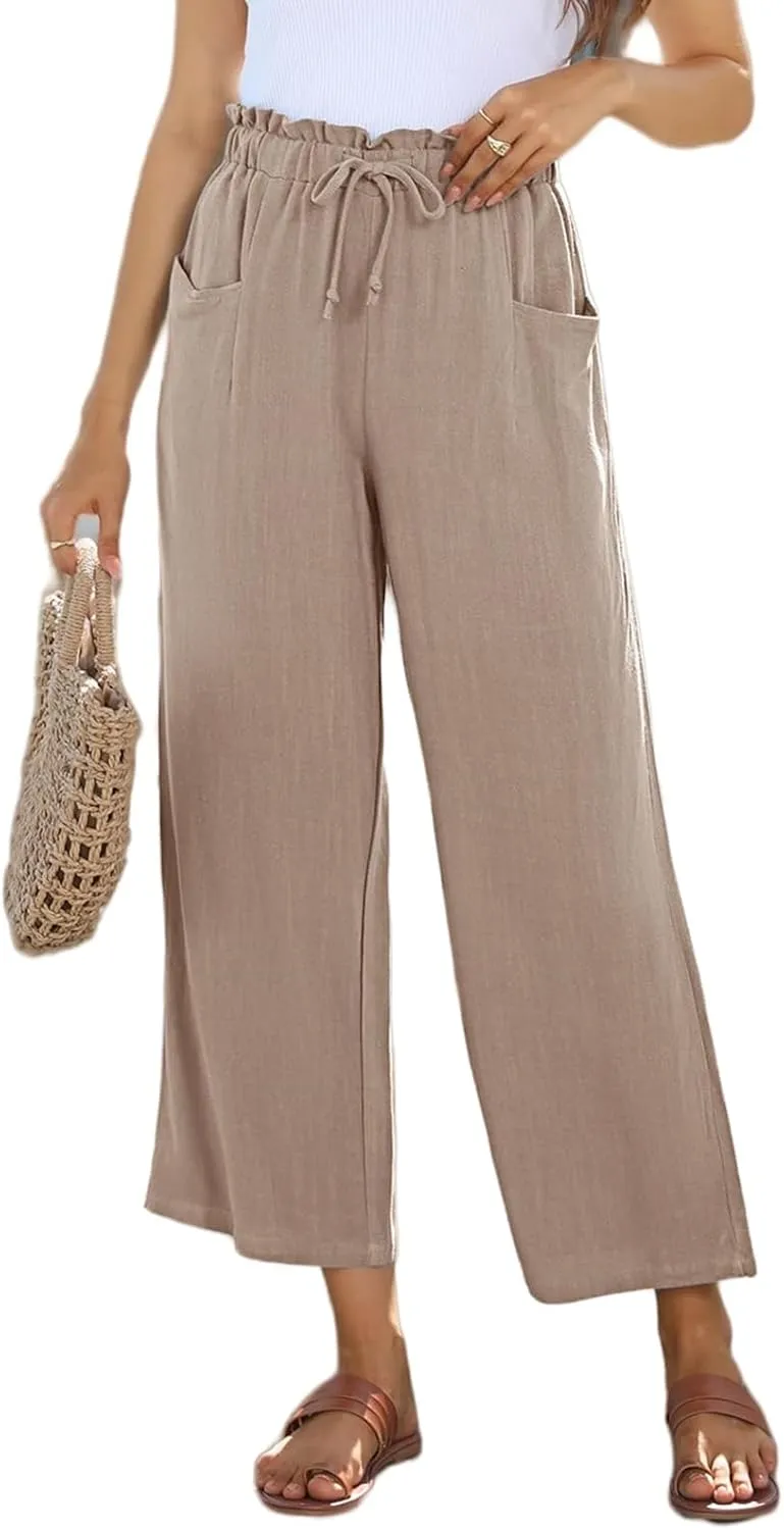Womens Linen Pants Summer Wide Leg Capri High Waist Drawstring Palazzo Cropped Beach Boho Flowy Trousers with Pockets