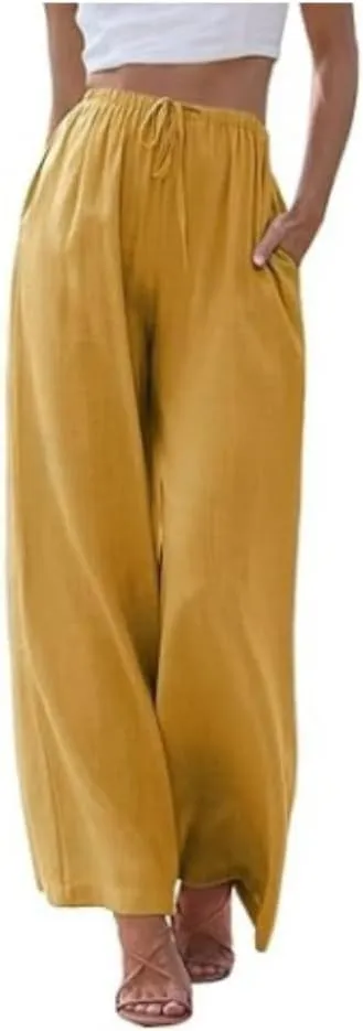 Womens Linen Summer Palazzo Pants Flowy Wide Leg Beach Pants Casual Lounge Pants Travel Vacation Outfits with Pockets