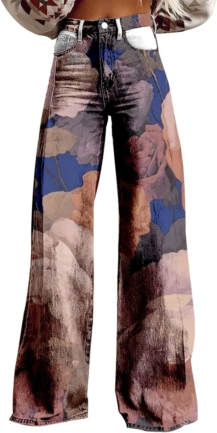 Womens Loose Fit Trousers Tie Dye High Waist Flare Wide Leg Baggy Loungre Pants Fashion Vintage Workout Palazzo Pants