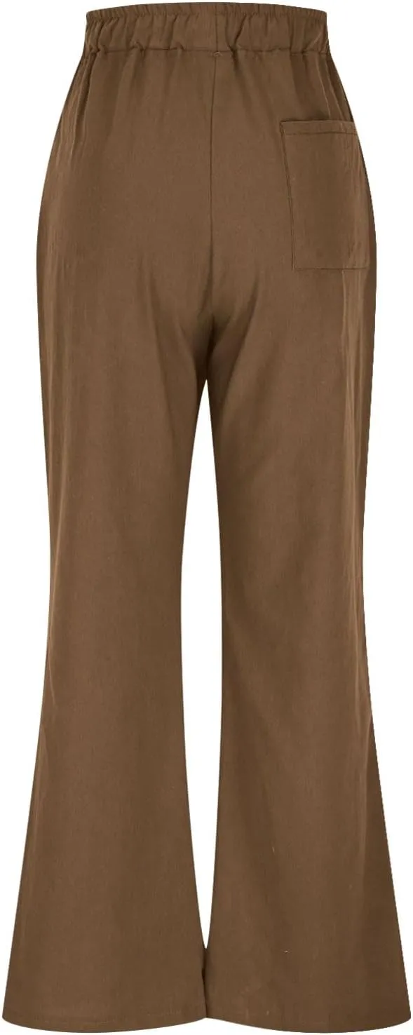 Women's Loose Wide Leg Casual Pant, Summer Cotton Linen Trendy Clothes Drawstring Pockets Basic Daily Trousers