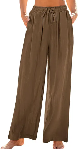 Women's Loose Wide Leg Casual Pant, Summer Cotton Linen Trendy Clothes Drawstring Pockets Basic Daily Trousers