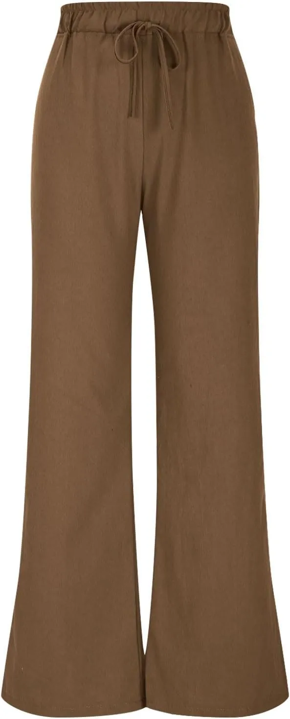 Women's Loose Wide Leg Casual Pant, Summer Cotton Linen Trendy Clothes Drawstring Pockets Basic Daily Trousers