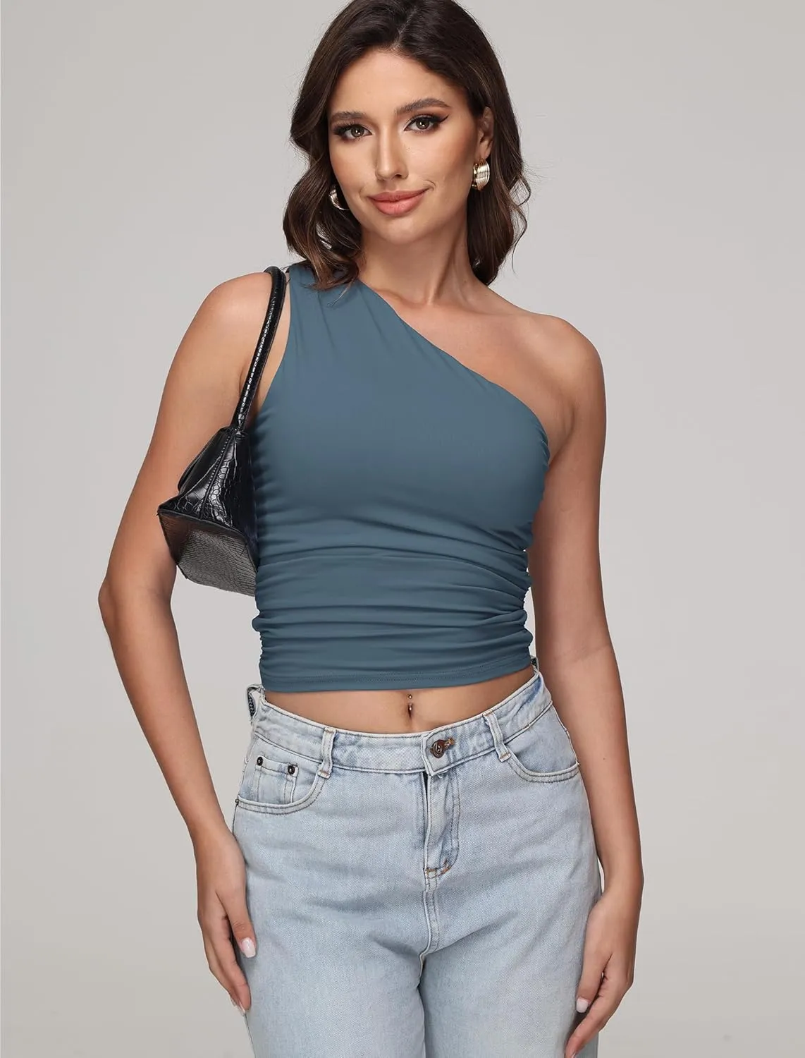Womens One Shoulder Shirts Going Out Crop Tops Basic Sexy Slim Fit Y2K Tank Top Summer Fashion 2025