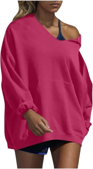 Womens Oversized Hoodies V Neck Sweatshirts Solid Long Sleeve Pullover Casual Fall Clothes 2024 Trendy Hooded Top