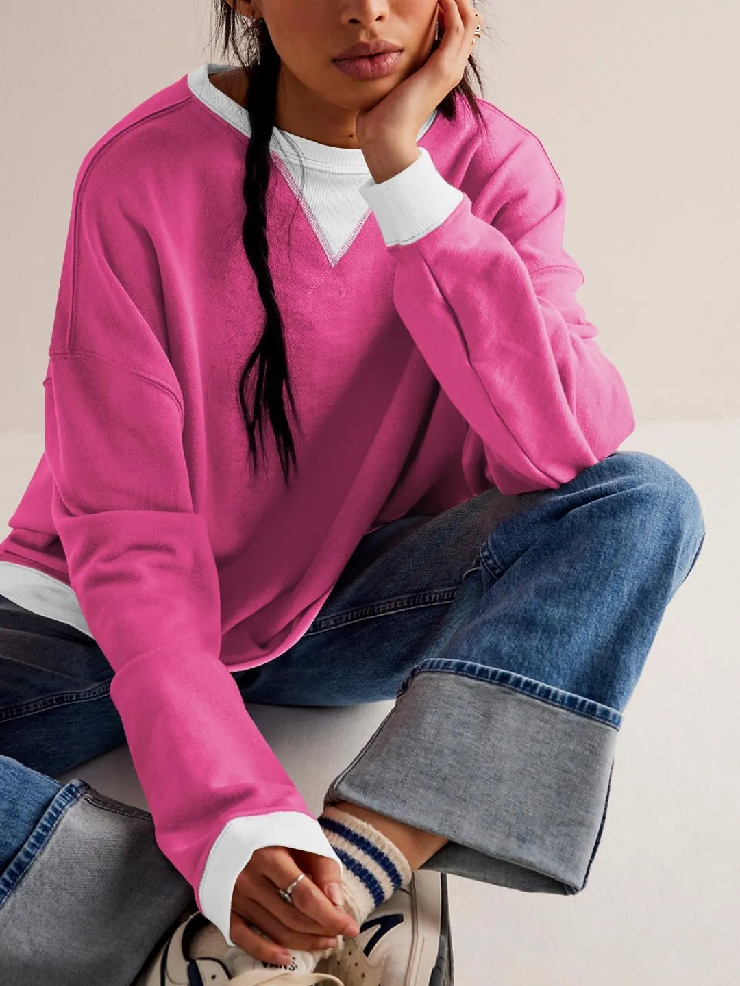 Women's Oversized Sweatshirt Casual Crewneck Shirt Long Sleeve Color block Pullover Tunic Tops