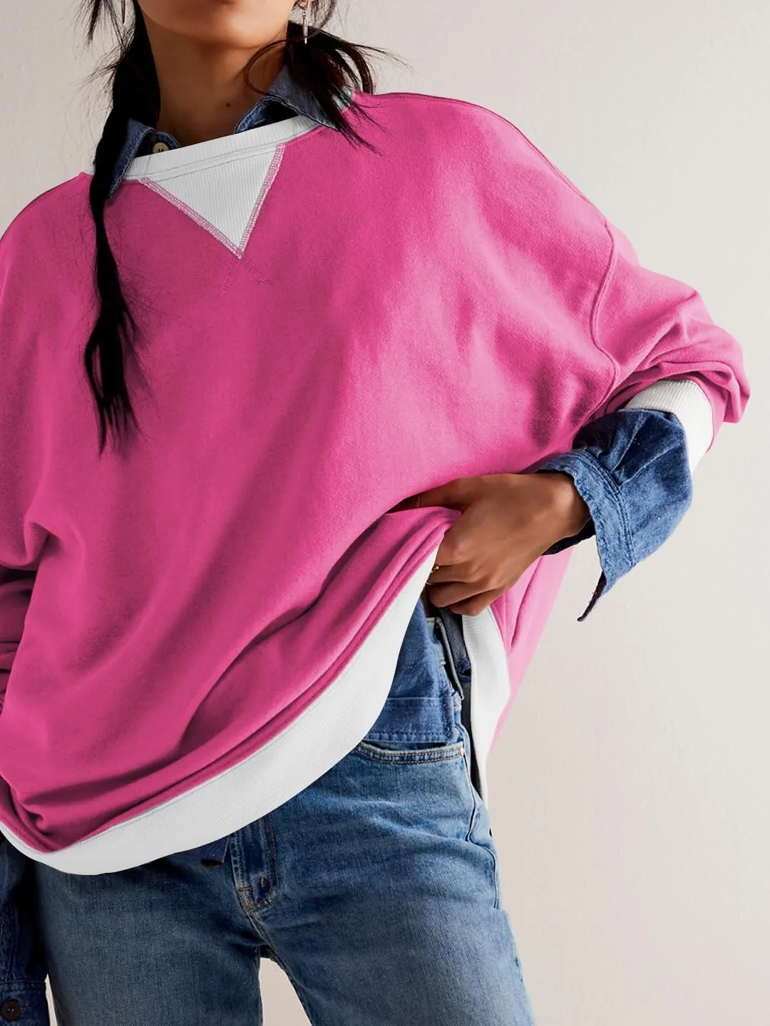 Women's Oversized Sweatshirt Casual Crewneck Shirt Long Sleeve Color block Pullover Tunic Tops