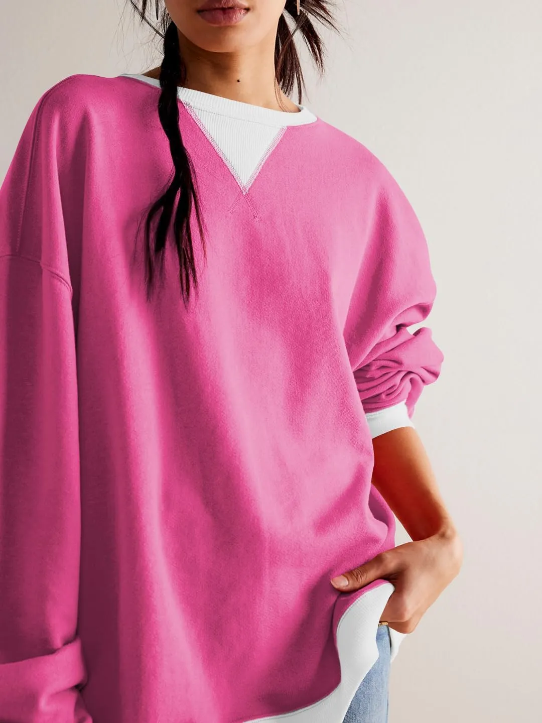 Women's Oversized Sweatshirt Casual Crewneck Shirt Long Sleeve Color block Pullover Tunic Tops