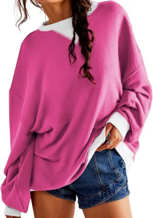 Women's Oversized Sweatshirt Casual Crewneck Shirt Long Sleeve Color block Pullover Tunic Tops