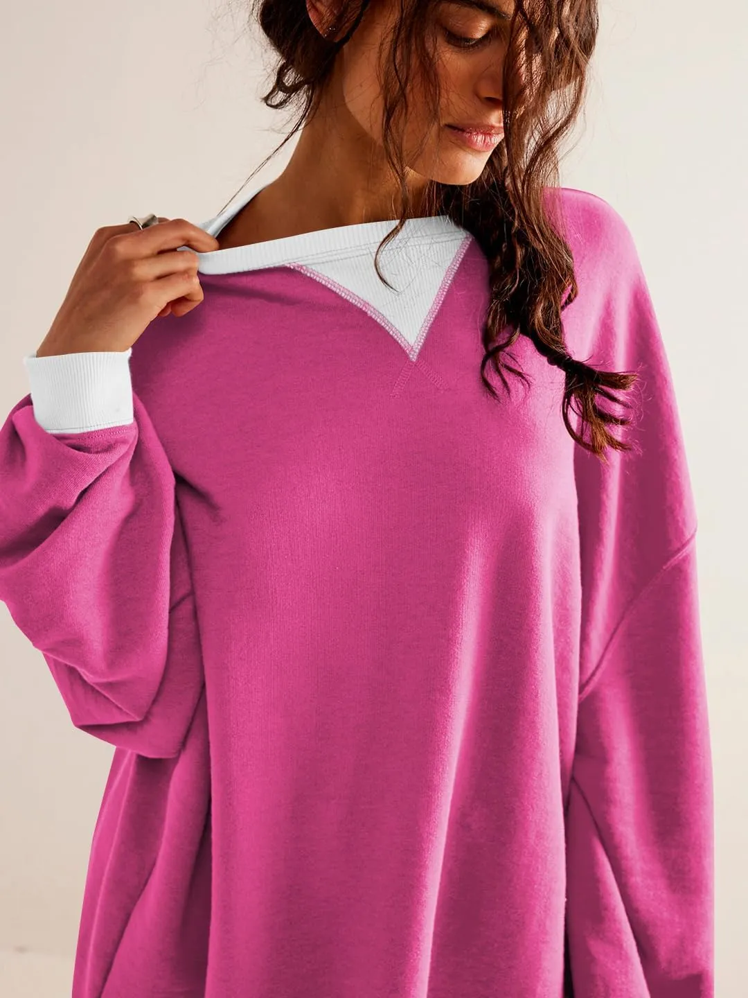 Women's Oversized Sweatshirt Casual Crewneck Shirt Long Sleeve Color block Pullover Tunic Tops