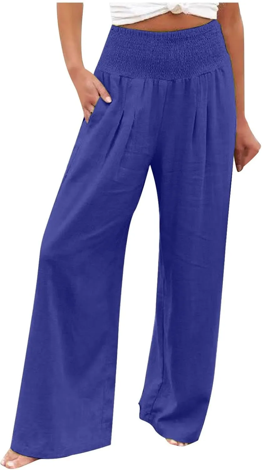 Womens Palazzo Pants Casual Smocked Elastic High Waist Wide Leg Trousers Summer Beach Pants Flowy Linen Lounge Pants