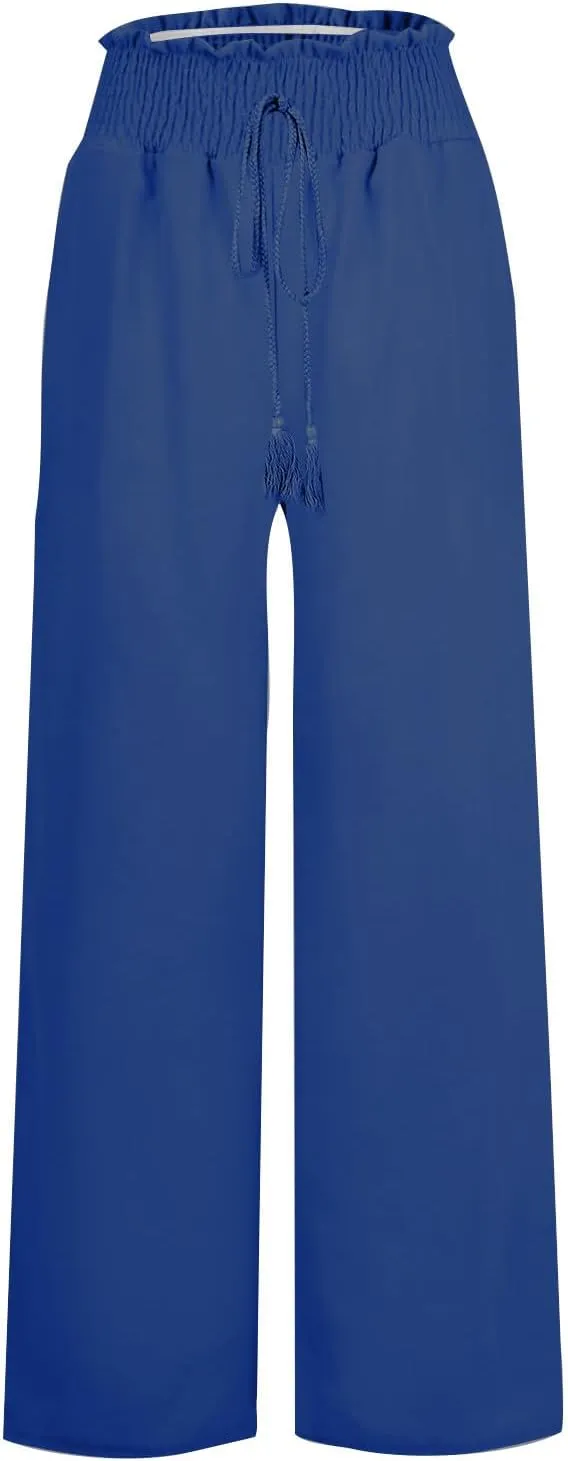 Women's Palazzo Pants Loose Casual Vacation High Waist Lace-Up Wide Leg Trousers Comfy Linen Pants with Pockets