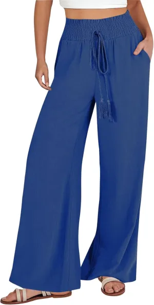 Women's Palazzo Pants Loose Casual Vacation High Waist Lace-Up Wide Leg Trousers Comfy Linen Pants with Pockets
