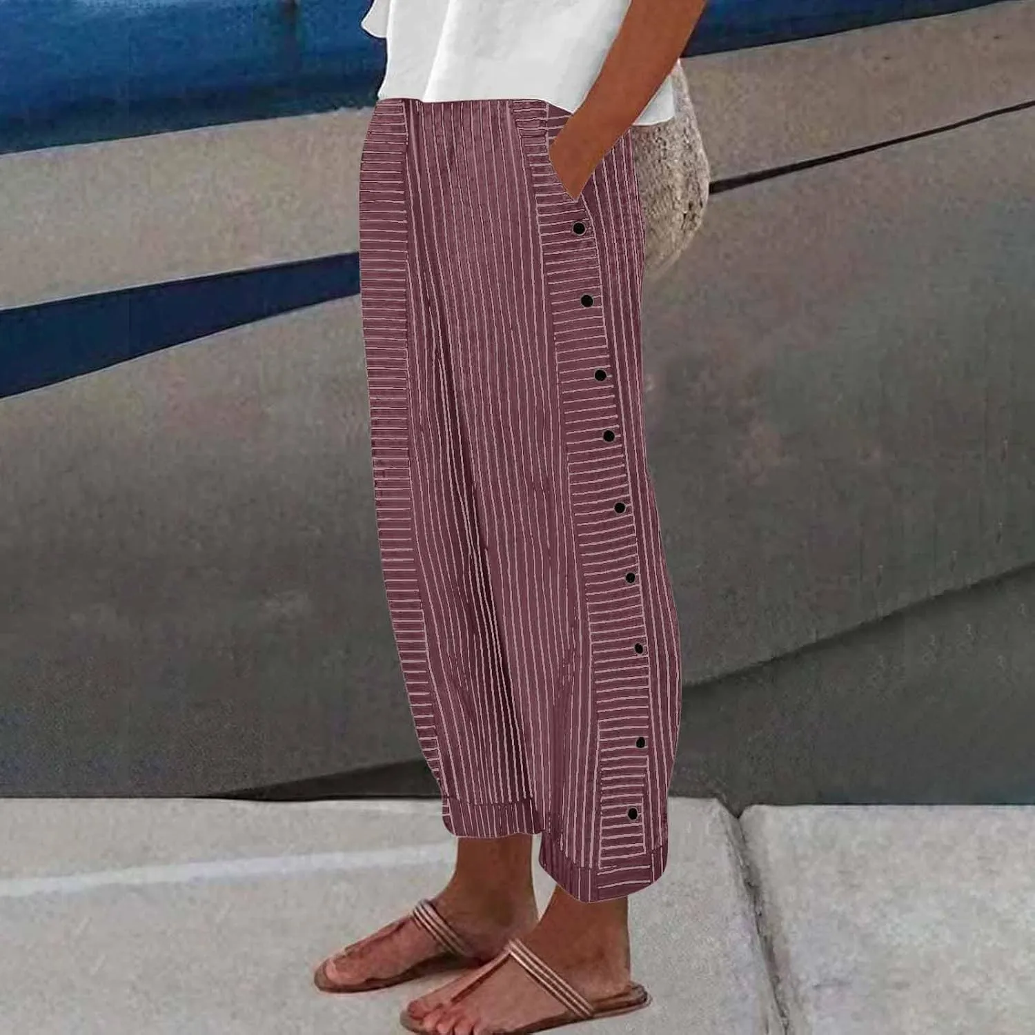 Womens Pants, Straight Leg Peasant Pants 2025 Casual Linen Stripe Wide Cotton