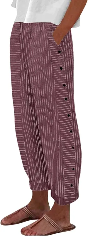 Womens Pants, Straight Leg Peasant Pants 2025 Casual Linen Stripe Wide Cotton