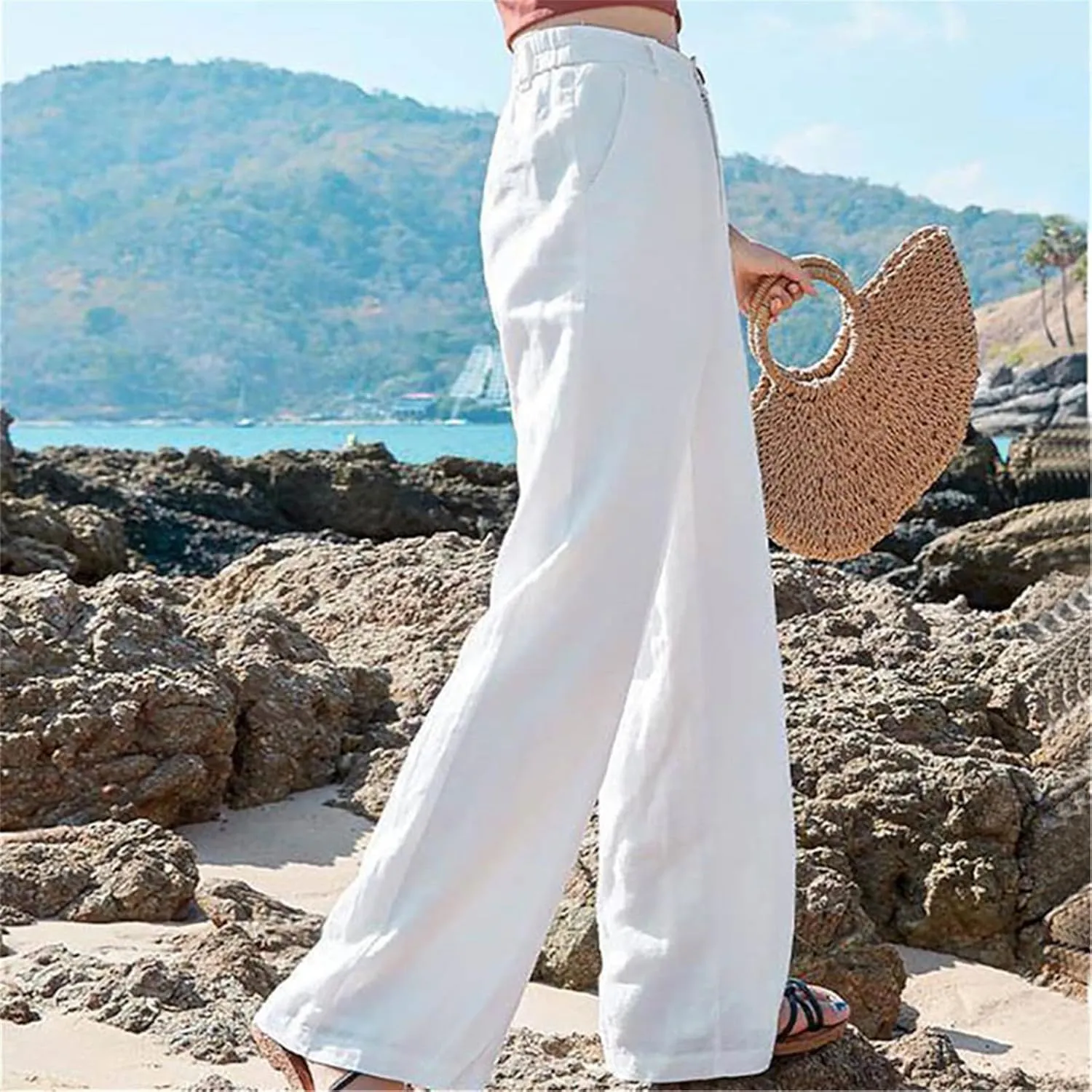 Women's Pants Summer Cotton Linen Wide Leg Pants Full Length Casual Solid White Loose High Waist Straight Trousers Women