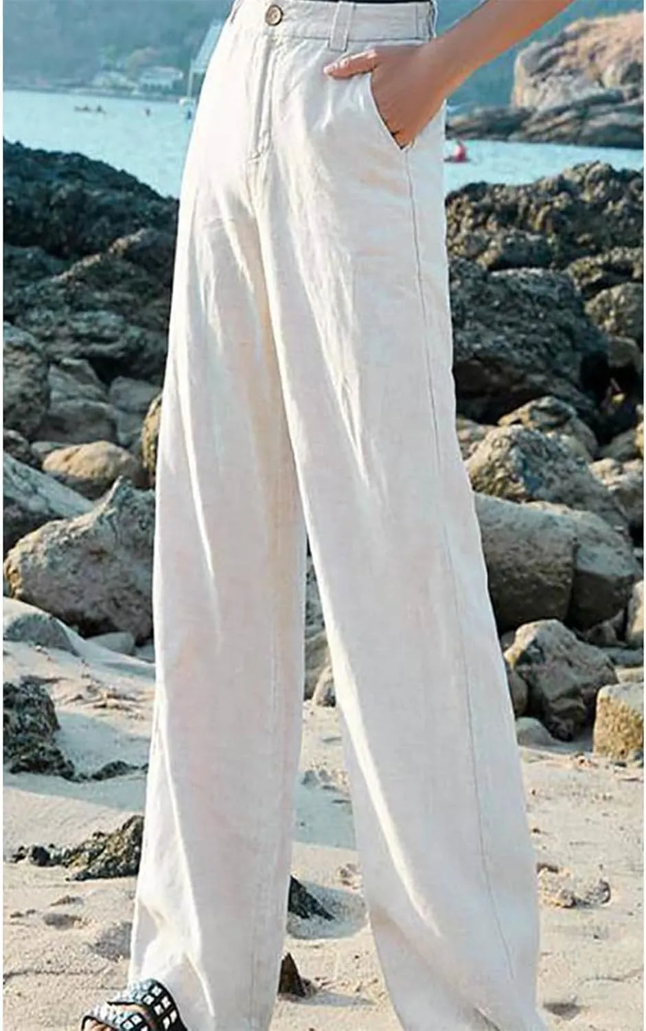 Women's Pants Summer Cotton Linen Wide Leg Pants Full Length Casual Solid White Loose High Waist Straight Trousers Women