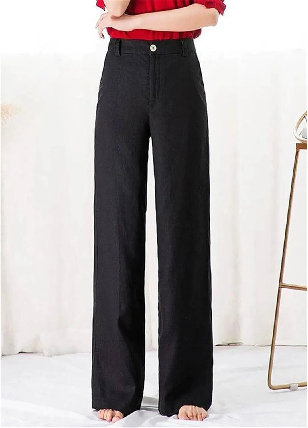 Women's Pants Summer Cotton Linen Wide Leg Pants Full Length Casual Solid White Loose High Waist Straight Trousers Women