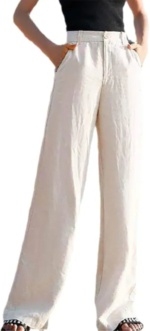 Women's Pants Summer Cotton Linen Wide Leg Pants Full Length Casual Solid White Loose High Waist Straight Trousers Women