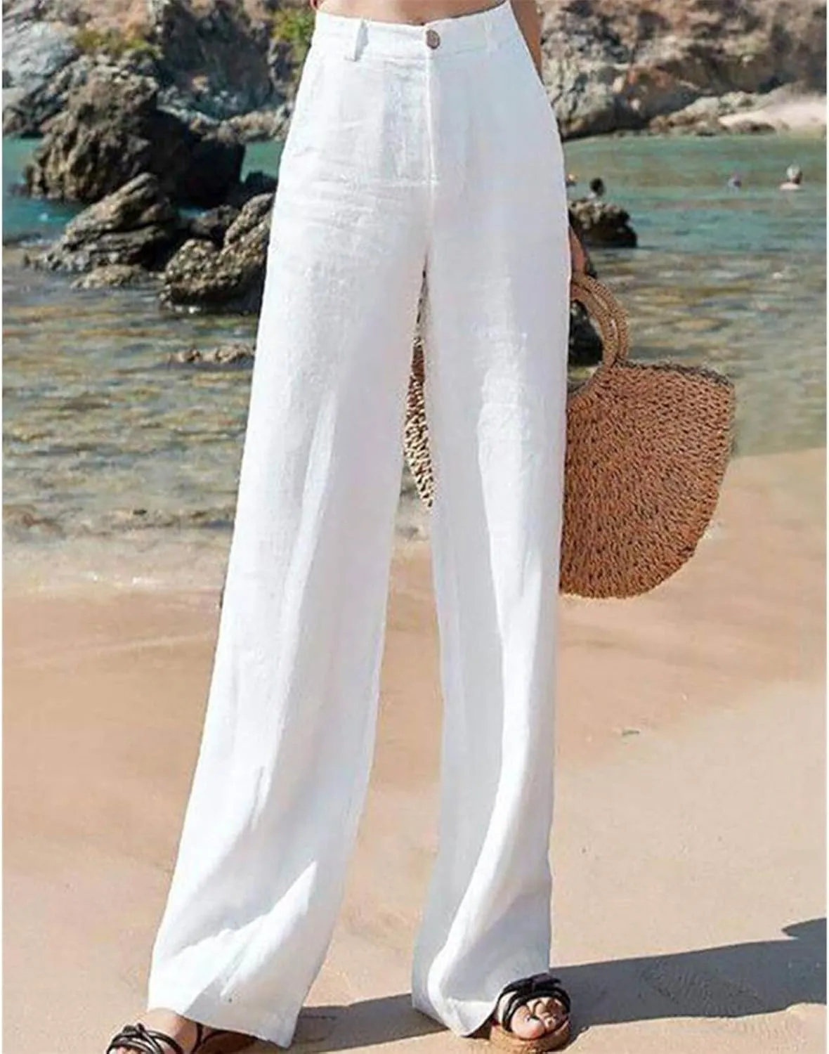 Women's Pants Summer Cotton Linen Wide Leg Pants Full Length Casual Solid White Loose High Waist Straight Trousers Women
