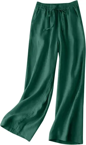 Women's Pants, Wide Leg Cotton Linen Straight High Waisted Pants Lightweight Smocked