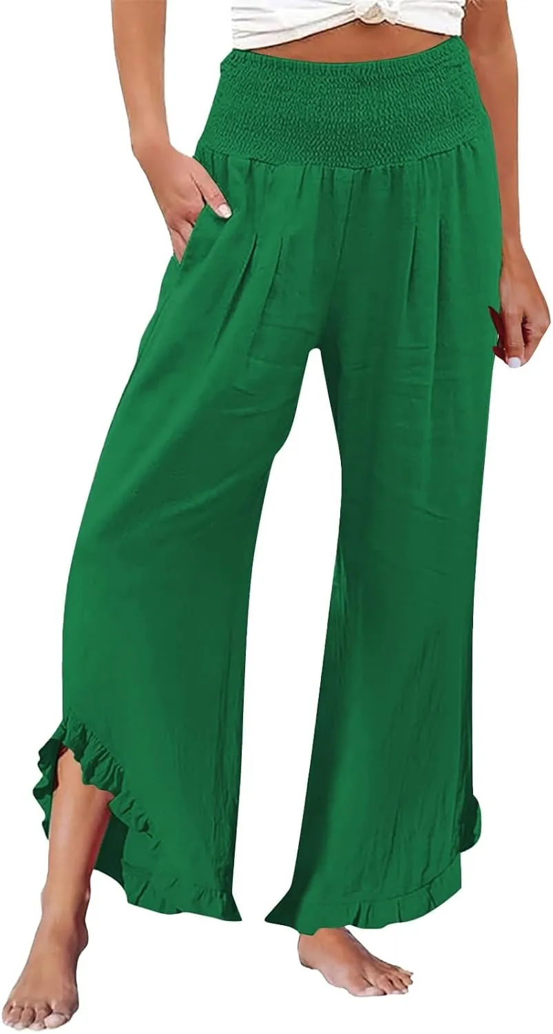 Women's Pleated Cotton Linen Straight Trousers Summer Wide Leg High Waisted Trouser Causal Pants with Irregular Pants Legs
