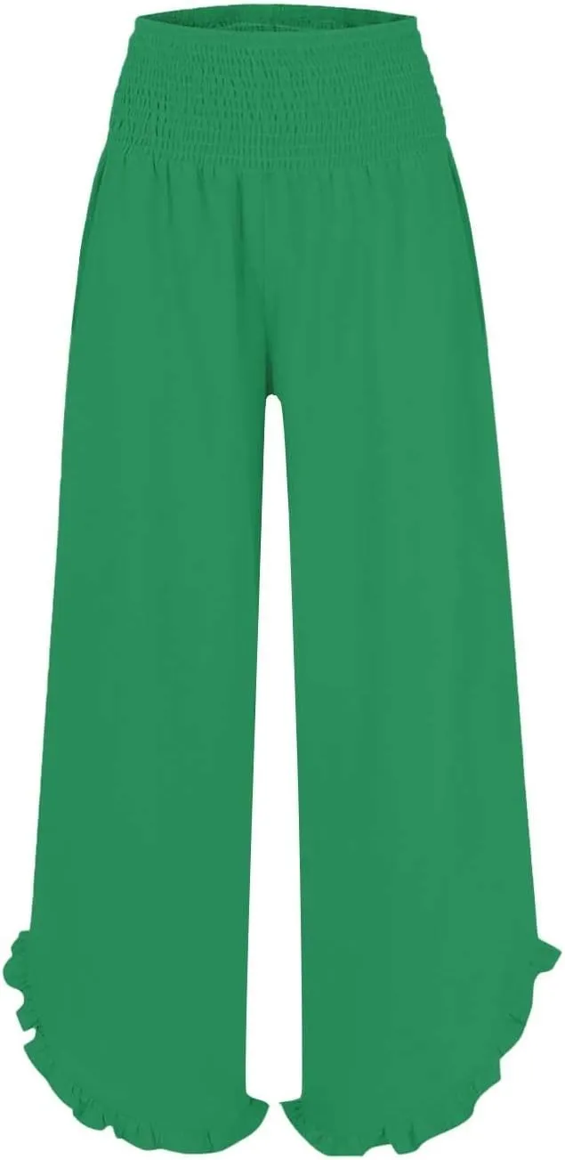 Women's Pleated Cotton Linen Straight Trousers Summer Wide Leg High Waisted Trouser Causal Pants with Irregular Pants Legs