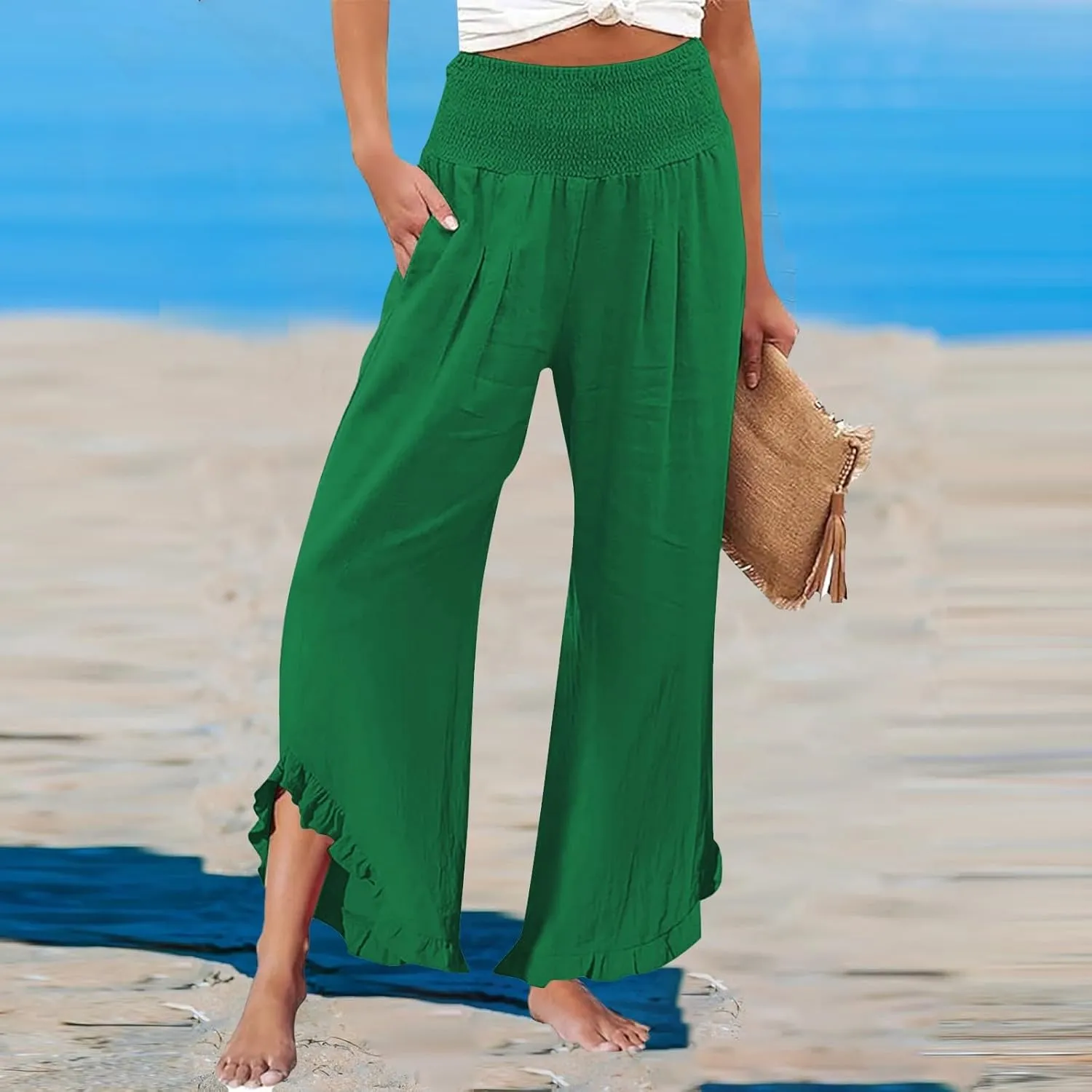 Women's Pleated Cotton Linen Straight Trousers Summer Wide Leg High Waisted Trouser Causal Pants with Irregular Pants Legs