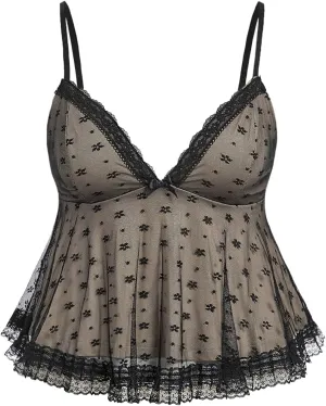Women's Plus Size Floral Lace Cami Tops Y2k Bow Deep V Neck Spaghetti Strap Camisole