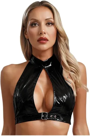 Womens PU Leather Crop Top Camisole Vest Tops Nightclub Rave Party Clubwear Black