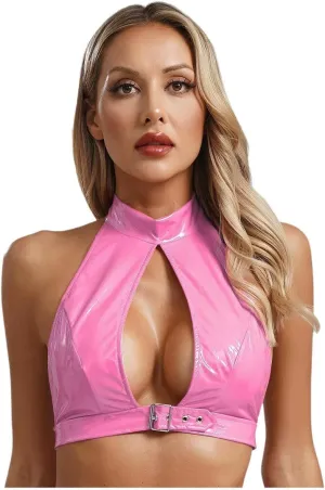 Womens PU Leather Crop Top Camisole Vest Tops Nightclub Rave Party Clubwear Pink