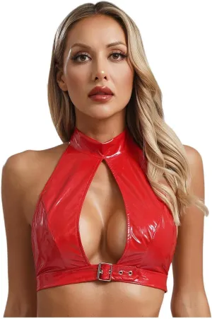 Womens PU Leather Crop Top Camisole Vest Tops Nightclub Rave Party Clubwear Red