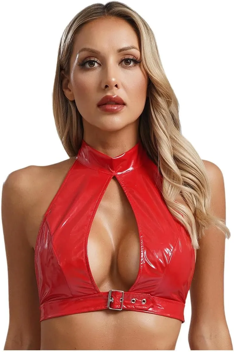 Womens PU Leather Crop Top Camisole Vest Tops Nightclub Rave Party Clubwear Red