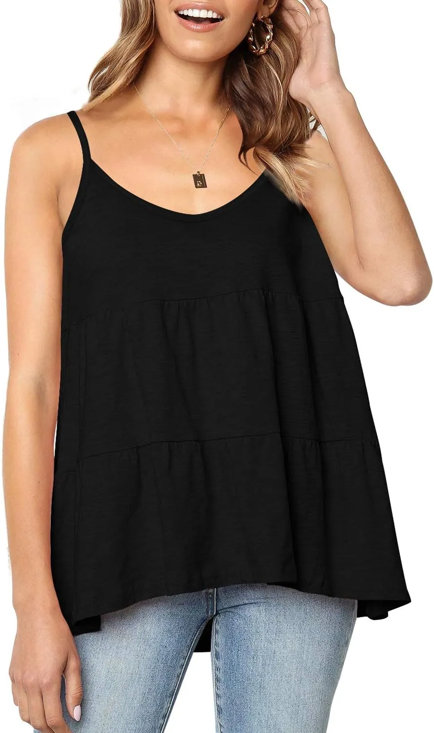 Women's Scoop Neck Spaghetti Strap Babydoll Tank Tops Ruffle Hem Peplum Sleeveless Tunic