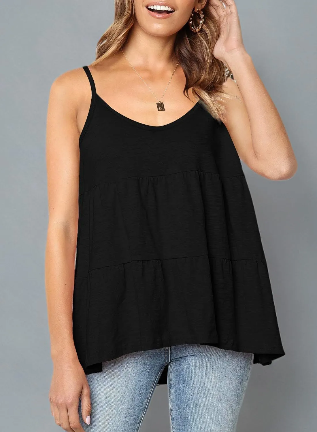 Women's Scoop Neck Spaghetti Strap Babydoll Tank Tops Ruffle Hem Peplum Sleeveless Tunic