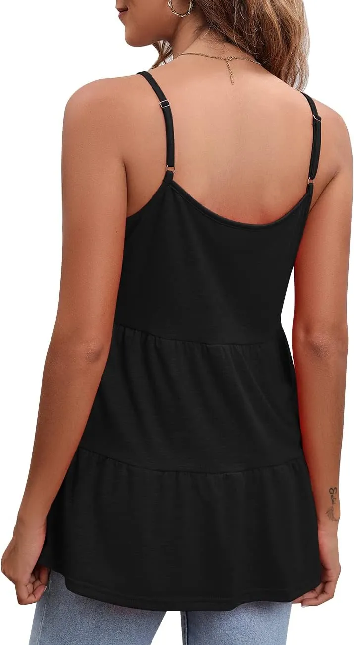 Women's Scoop Neck Spaghetti Strap Babydoll Tank Tops Ruffle Hem Peplum Sleeveless Tunic