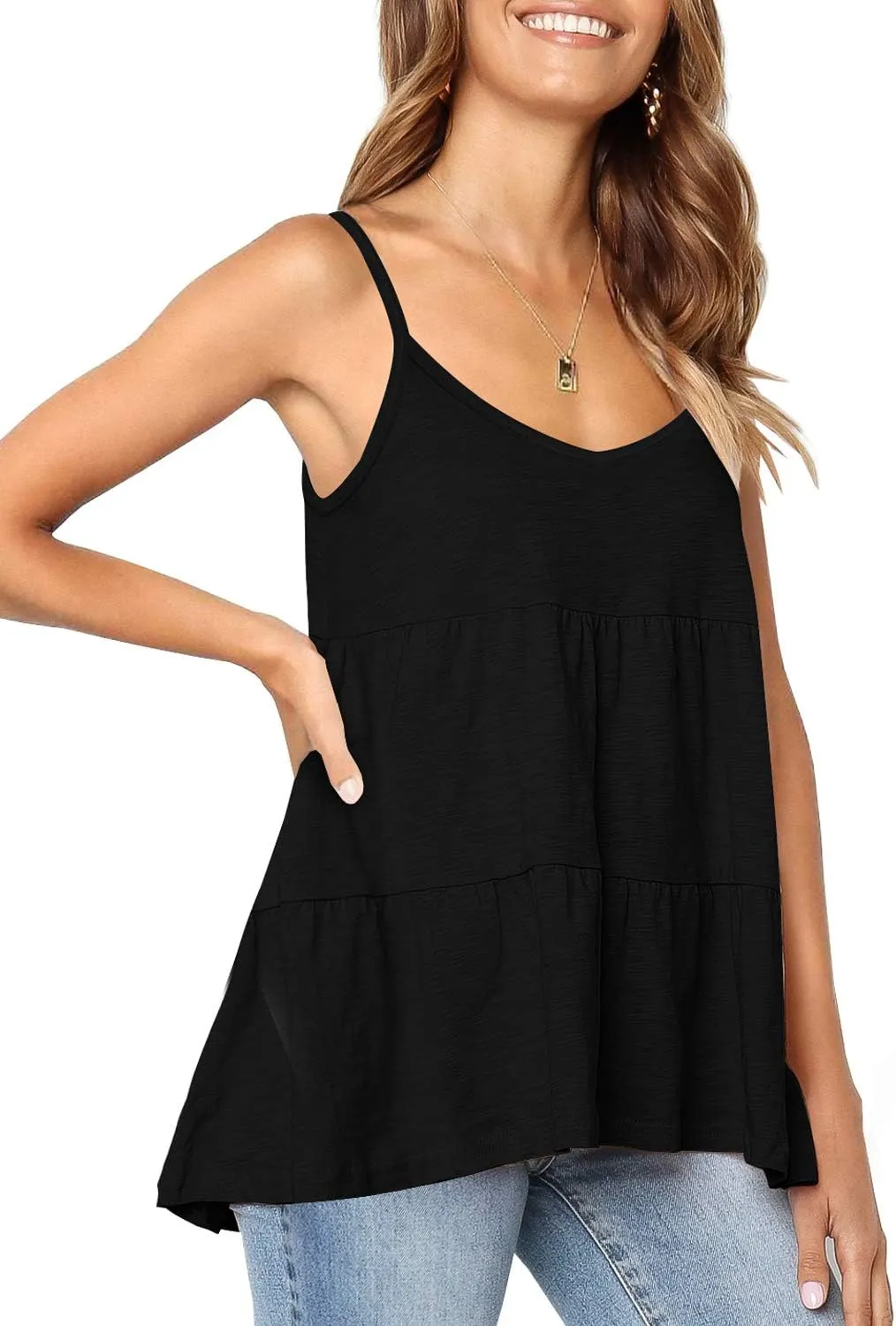 Women's Scoop Neck Spaghetti Strap Babydoll Tank Tops Ruffle Hem Peplum Sleeveless Tunic
