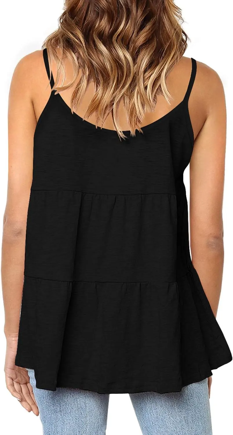 Women's Scoop Neck Spaghetti Strap Babydoll Tank Tops Ruffle Hem Peplum Sleeveless Tunic