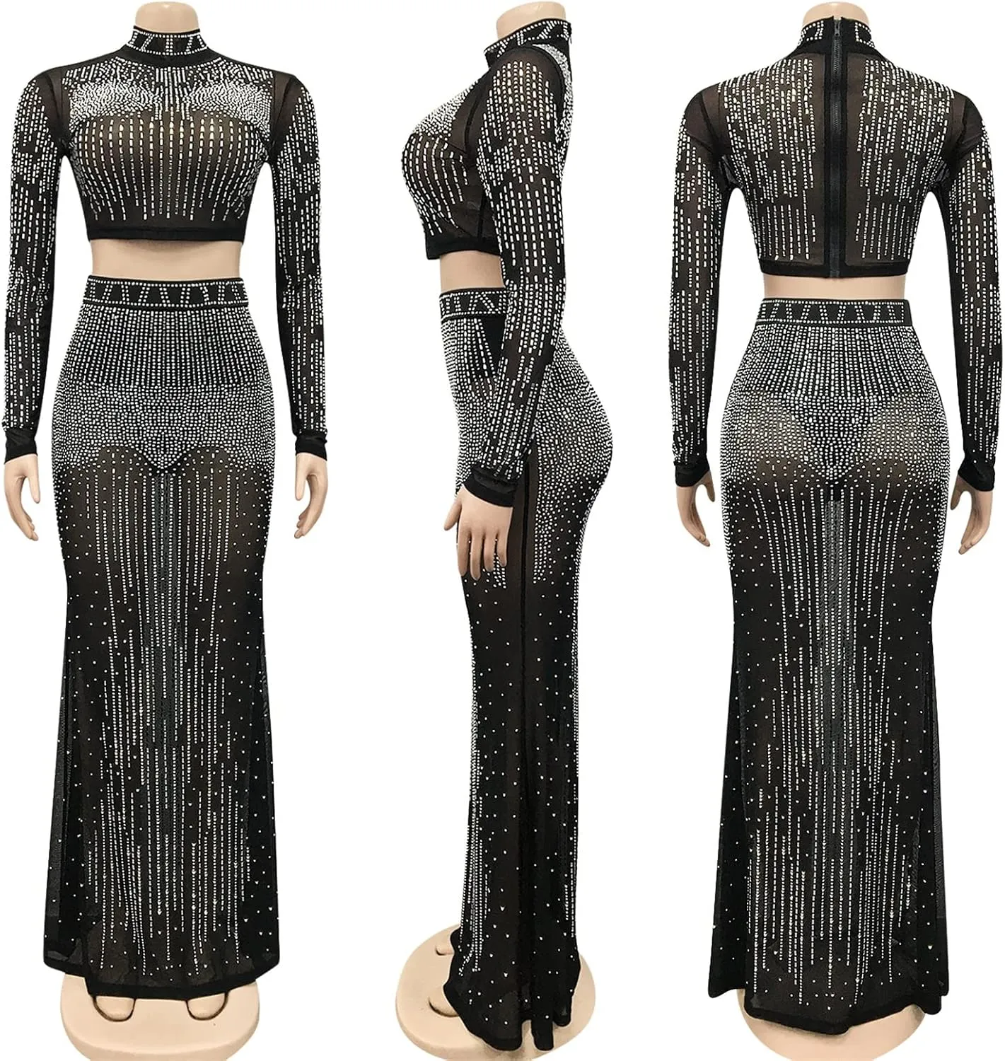 Womens Sexy 2 Pieces Mesh Rhinestone Crop Tops Shirts Bodycon Pants Party Clubwear Tracksuit Outfits Set