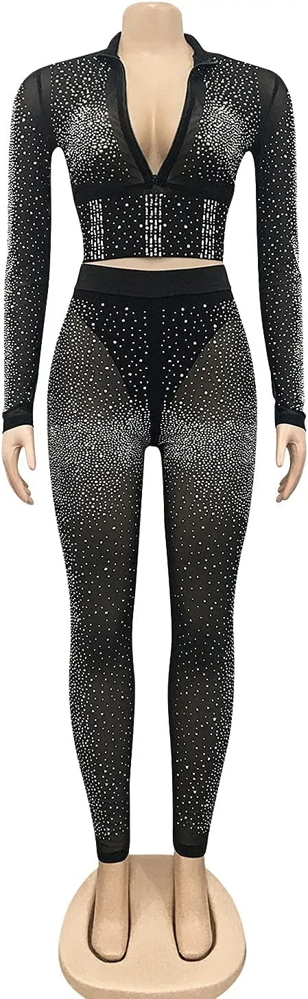 Womens Sexy 2 Pieces Mesh Rhinestone Crop Tops Shirts Bodycon Pants Party Clubwear Tracksuit Outfits Set