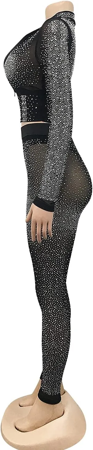Womens Sexy 2 Pieces Mesh Rhinestone Crop Tops Shirts Bodycon Pants Party Clubwear Tracksuit Outfits Set