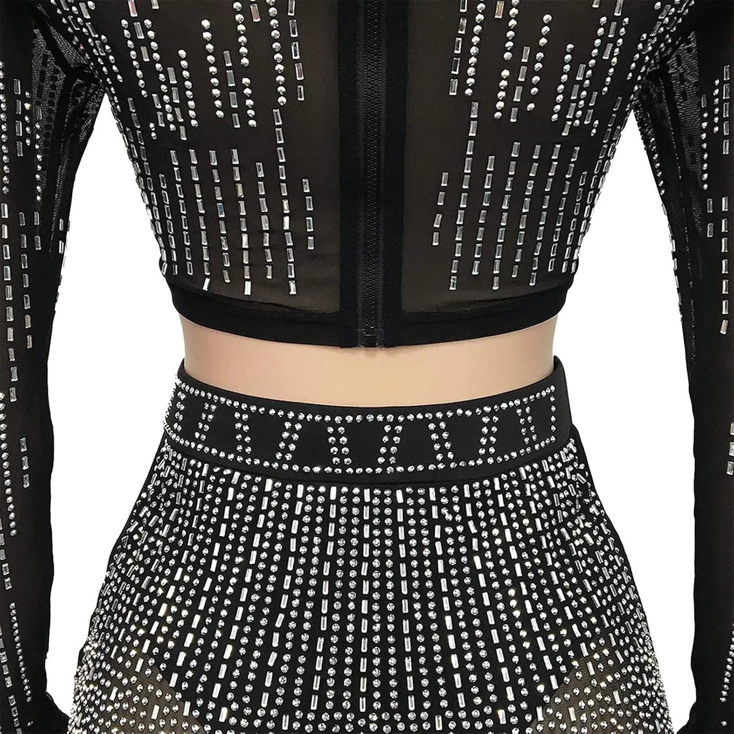 Womens Sexy 2 Pieces Mesh Rhinestone Crop Tops Shirts Bodycon Pants Party Clubwear Tracksuit Outfits Set